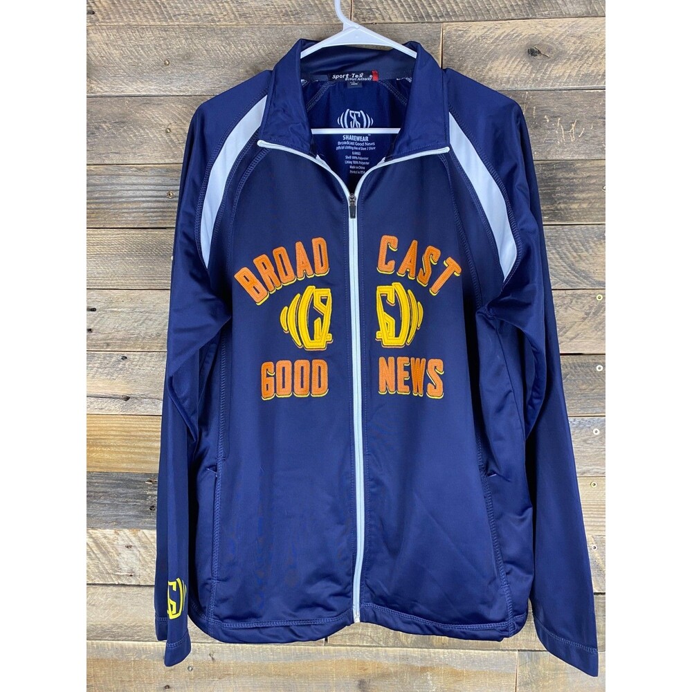Broadcast Good News Sharewear Mens Sz L Blue Zip Up Athletic Track Jacket
